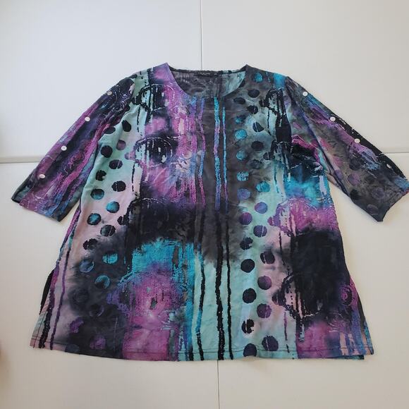 Creation Shirt Womens 2X Multicolor Abstract Tunic 3/4 Sleeve Button Detail - Picture 1 of 8